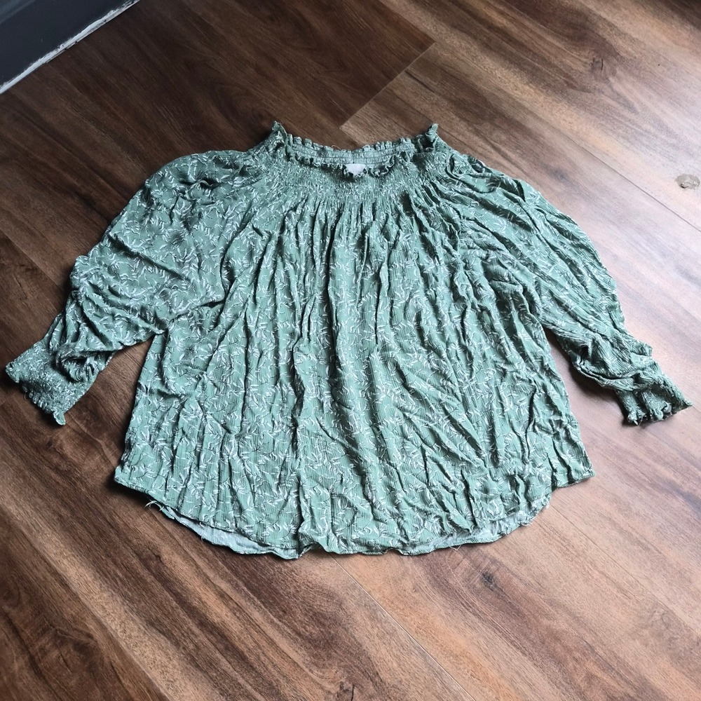 Melloday Sage Green Floral Smocked Ruffle Neck Blouse XL Cottagecore Prairie